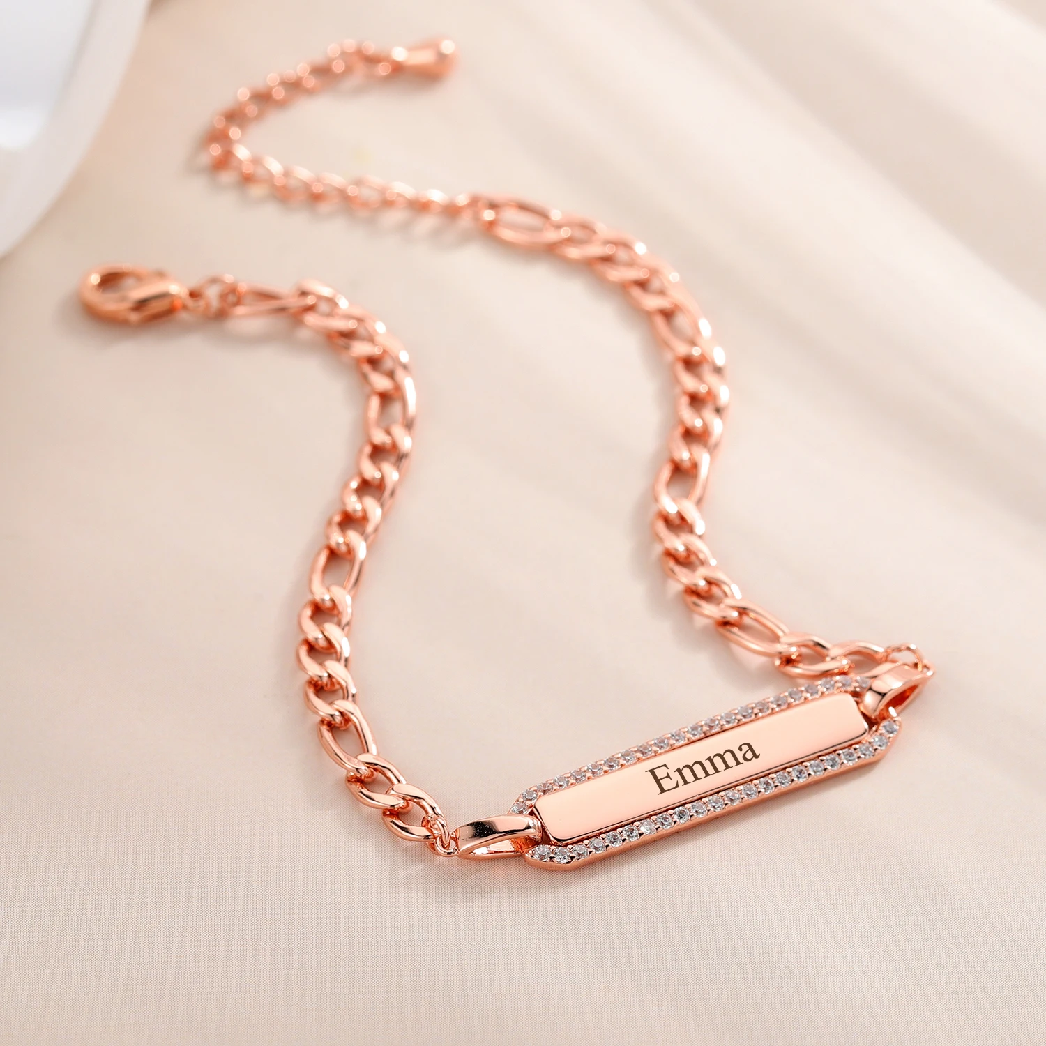 Custom Date Rectangle Engraved Name Bracelet Luxury Figaro Bracelet White Crystal Pendant Adjustable Bracelets 18K Gold Plated