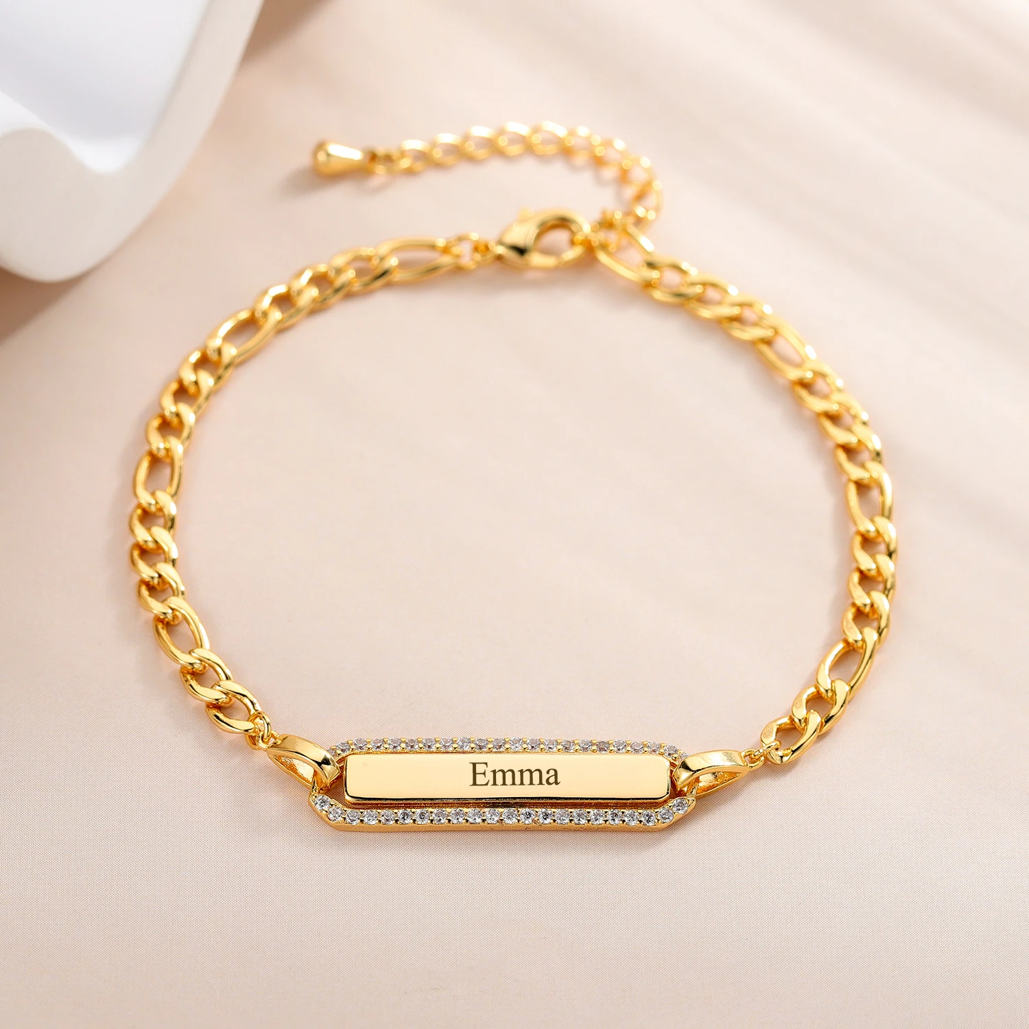 Custom Date Rectangle Engraved Name Bracelet Luxury Figaro Bracelet White Crystal Pendant Adjustable Bracelets 18K Gold Plated