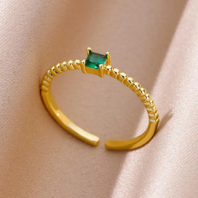 Green Zircon Stainless Steel Ring for Women Gold Plated Finger Rings Female Vintage Jewelry Simple Aesthetic Accessories Anillos