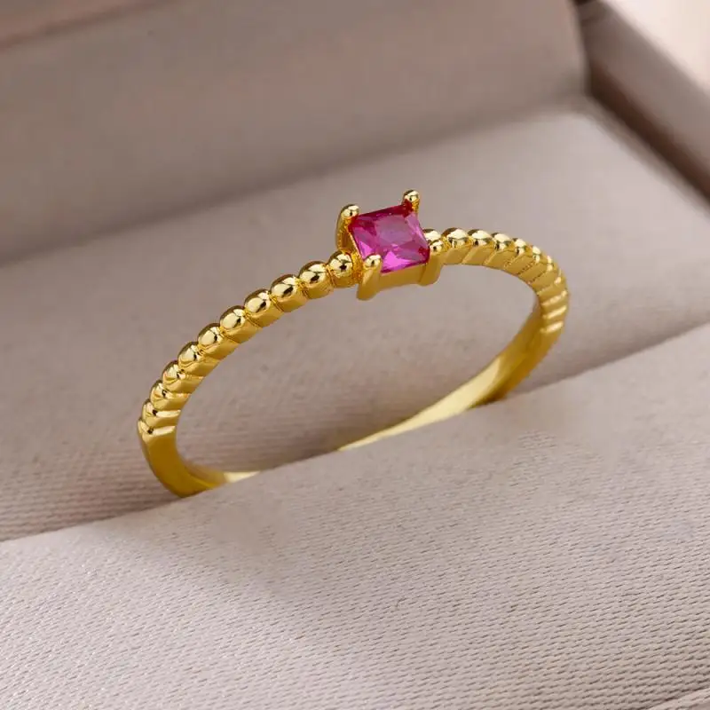 Green Zircon Stainless Steel Ring for Women Gold Plated Finger Rings Female Vintage Jewelry Simple Aesthetic Accessories Anillos
