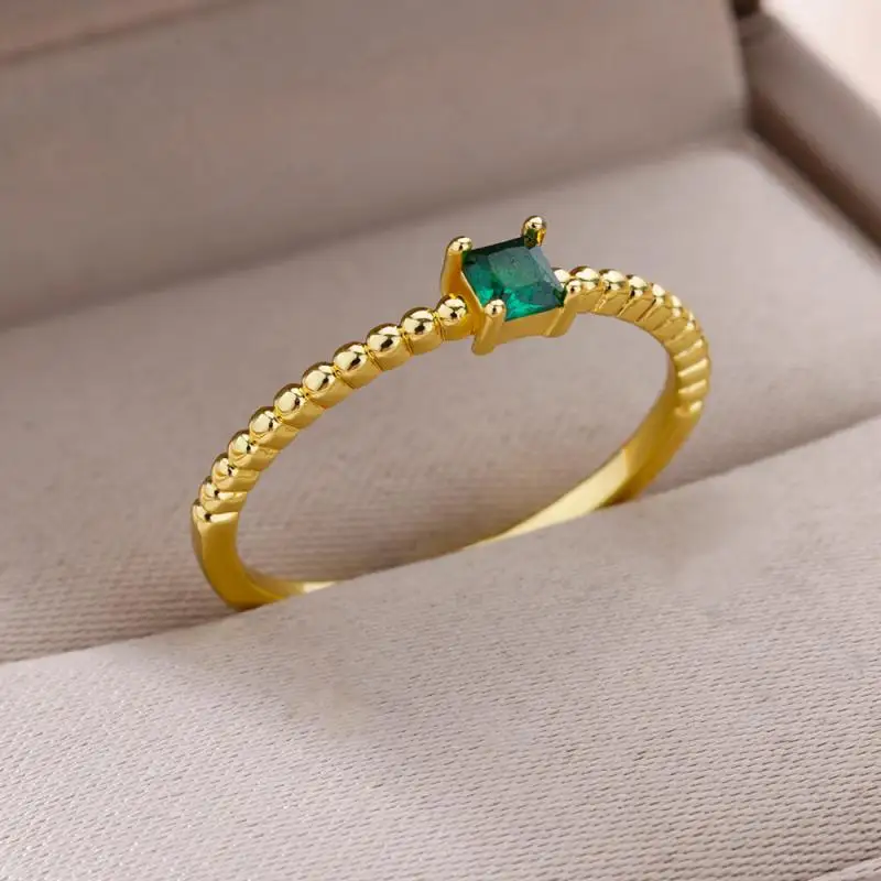 Green Zircon Stainless Steel Ring for Women Gold Plated Finger Rings Female Vintage Jewelry Simple Aesthetic Accessories Anillos
