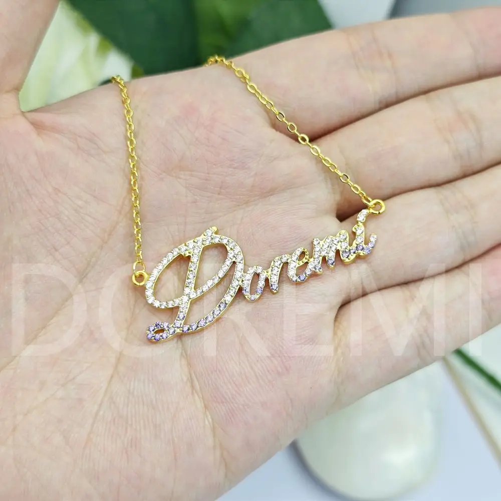 DOREMI Cursive Classic Customized Name Necklace Heart Zircon Crystal Full Letters Necklace Gift Jewelry Custom Necklace