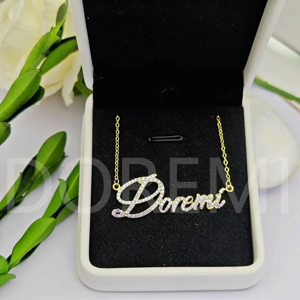 DOREMI Cursive Classic Customized Name Necklace Heart Zircon Crystal Full Letters Necklace Gift Jewelry Custom Necklace