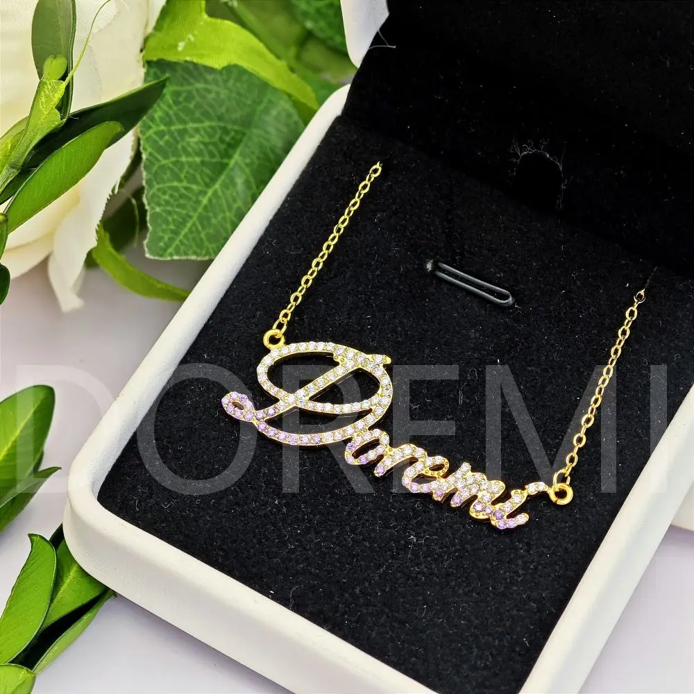 DOREMI Cursive Classic Customized Name Necklace Heart Zircon Crystal Full Letters Necklace Gift Jewelry Custom Necklace