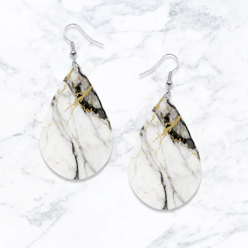 SOMESOOR Cute Gorgeous Bohemian Style Pearl & Marble Earrings For Girls - Women Wooden Dangle Jewelry With Waterdrop Shape