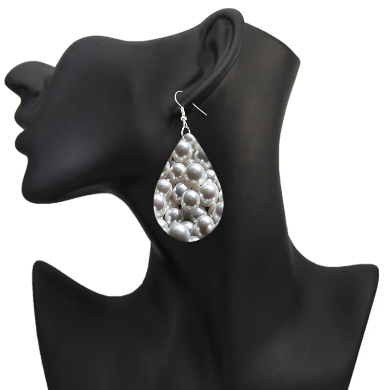 SOMESOOR Cute Gorgeous Bohemian Style Pearl & Marble Earrings For Girls - Women Wooden Dangle Jewelry With Waterdrop Shape