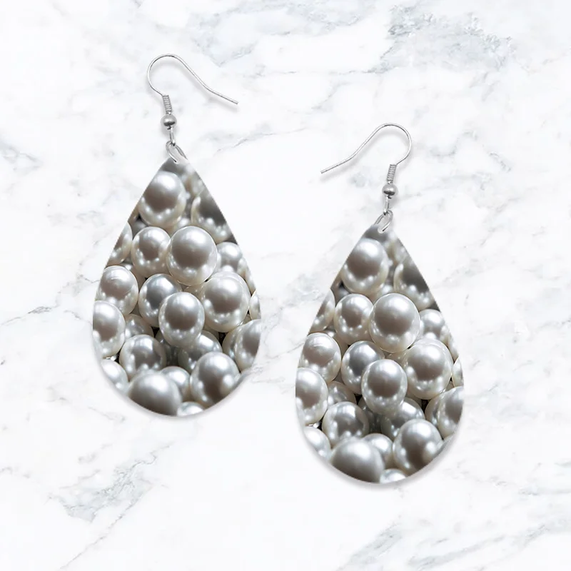 SOMESOOR Cute Gorgeous Bohemian Style Pearl & Marble Earrings For Girls - Women Wooden Dangle Jewelry With Waterdrop Shape