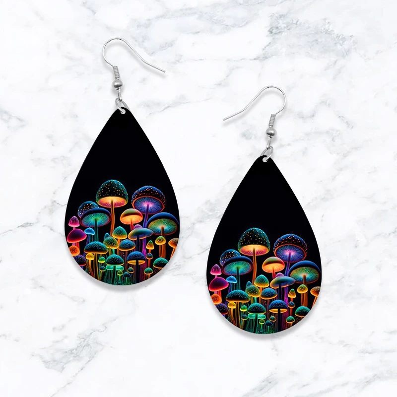 SOMESOOR Cute Ukulele Guitar Teardrop Earrings Leopard Sunflower Mushroom Printed Small Wooden Dangle Jewelry For Women Gifts