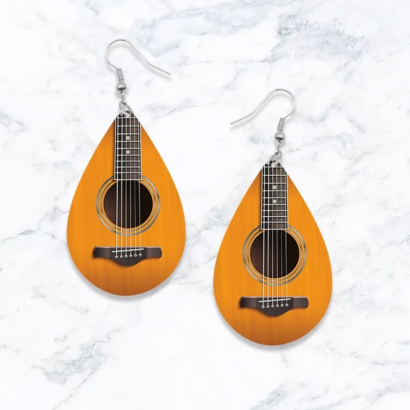 SOMESOOR Cute Ukulele Guitar Teardrop Earrings Leopard Sunflower Mushroom Printed Small Wooden Dangle Jewelry For Women Gifts