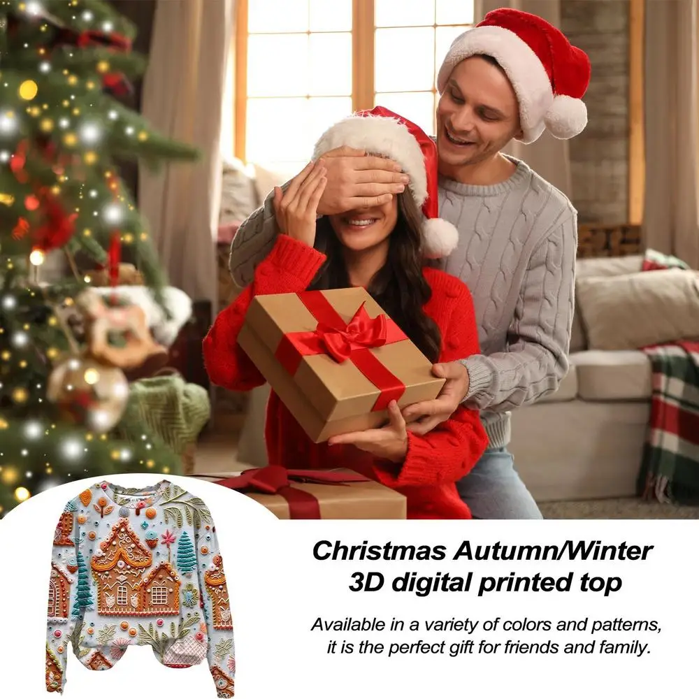 Christmas Shirt Women's Casual Long Sleeve Sweatshirt Crewneck Vacation Christmas 3D Digital Printing Cute Loose Pullovers