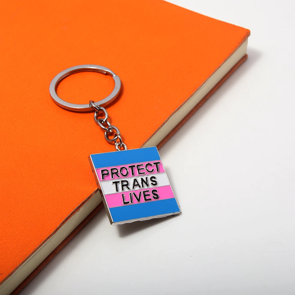 Creative Protect Trans Lives Keychain Fashion Blue Pink Metal Square Pendant Keyring for Women Men Jewelry