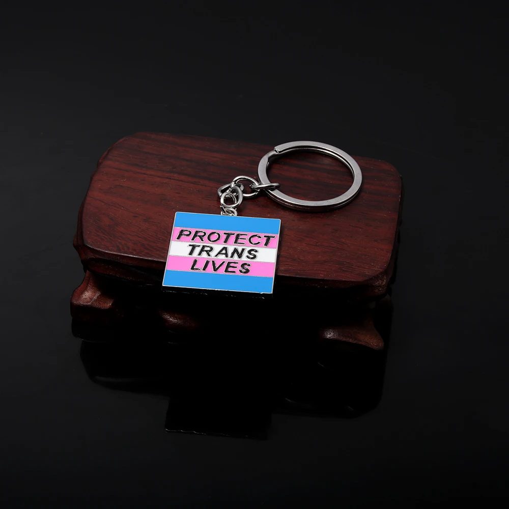 Creative Protect Trans Lives Keychain Fashion Blue Pink Metal Square Pendant Keyring for Women Men Jewelry
