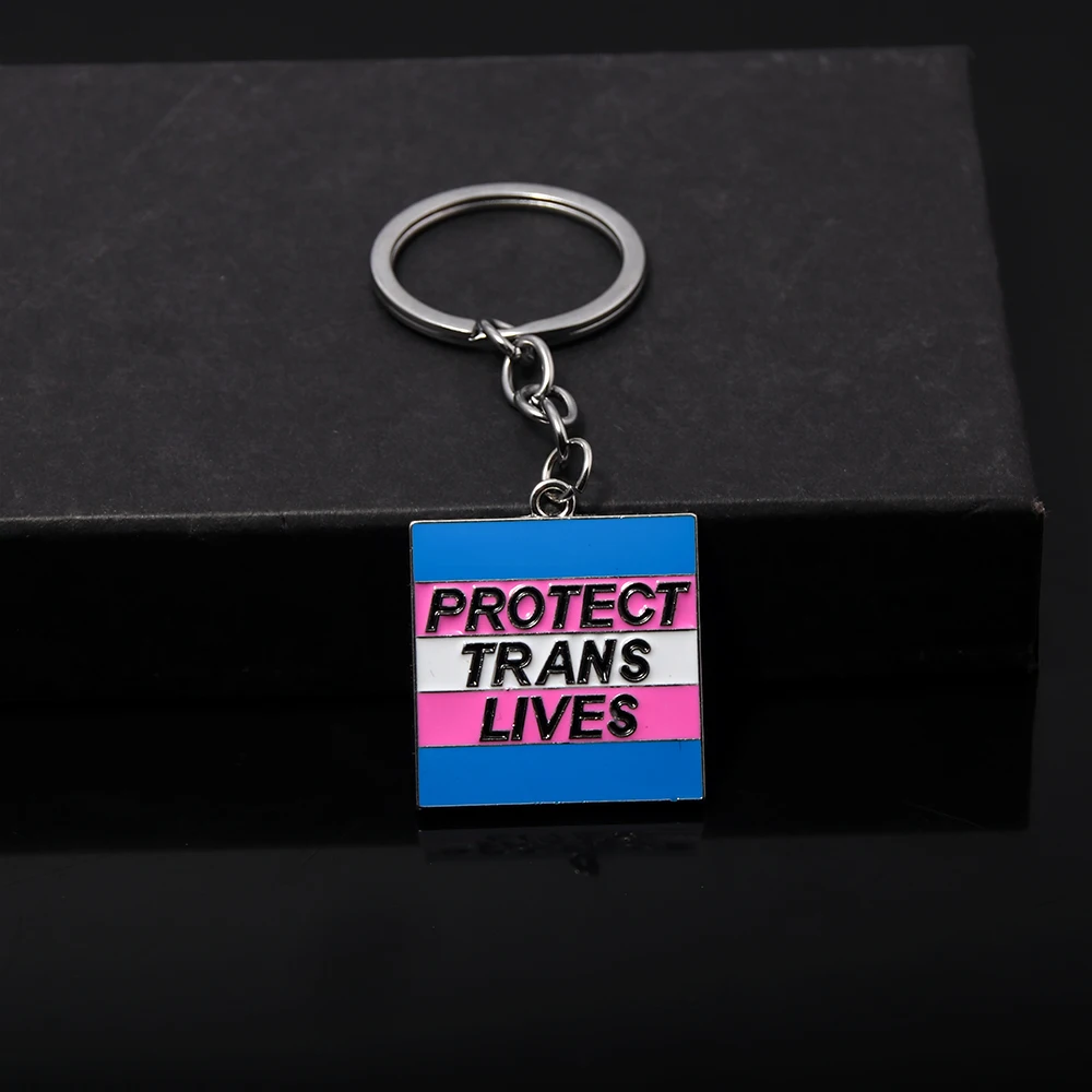 Creative Protect Trans Lives Keychain Fashion Blue Pink Metal Square Pendant Keyring for Women Men Jewelry