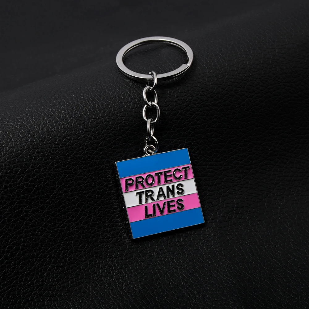 Creative Protect Trans Lives Keychain Fashion Blue Pink Metal Square Pendant Keyring for Women Men Jewelry