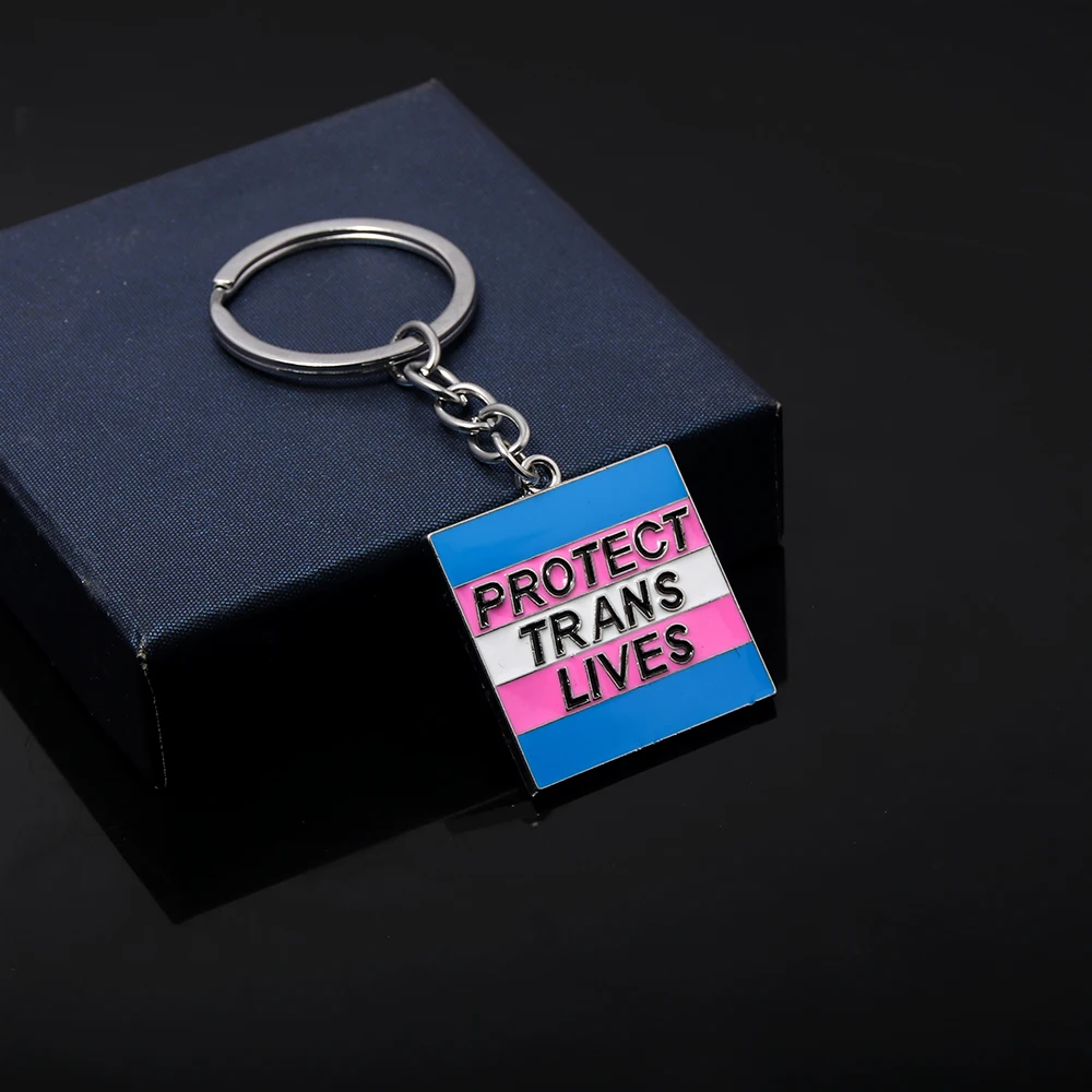 Creative Protect Trans Lives Keychain Fashion Blue Pink Metal Square Pendant Keyring for Women Men Jewelry