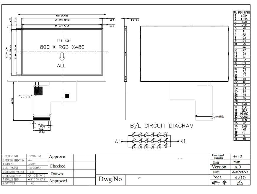 IPS Display 4.3 Inch with 800x480 Resolution RGB Communication IPS 1000 High Brightness LCD Screen