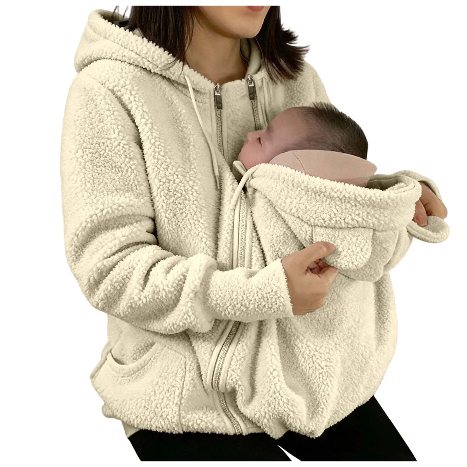 2 in 1 Warm Fleece Hoodie Coat with Baby Carrier Long Sleeve Faux Fur Plush Sweatshirt Outdoor Mom's Hoodie Jacket Baby Bag