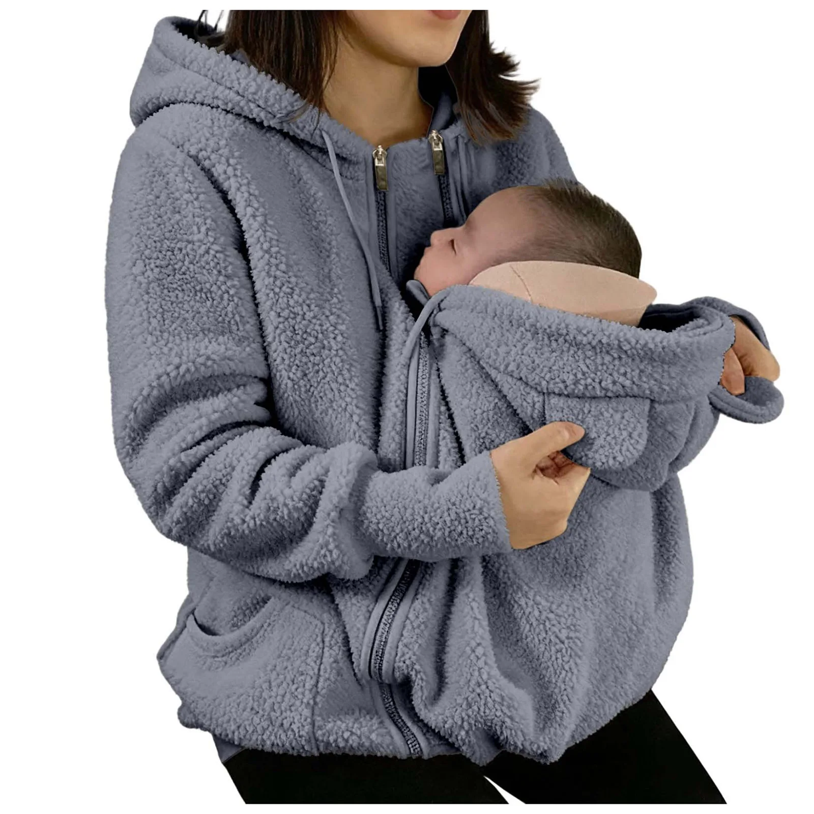 2 in 1 Warm Fleece Hoodie Coat with Baby Carrier Long Sleeve Faux Fur Plush Sweatshirt Outdoor Mom's Hoodie Jacket Baby Bag