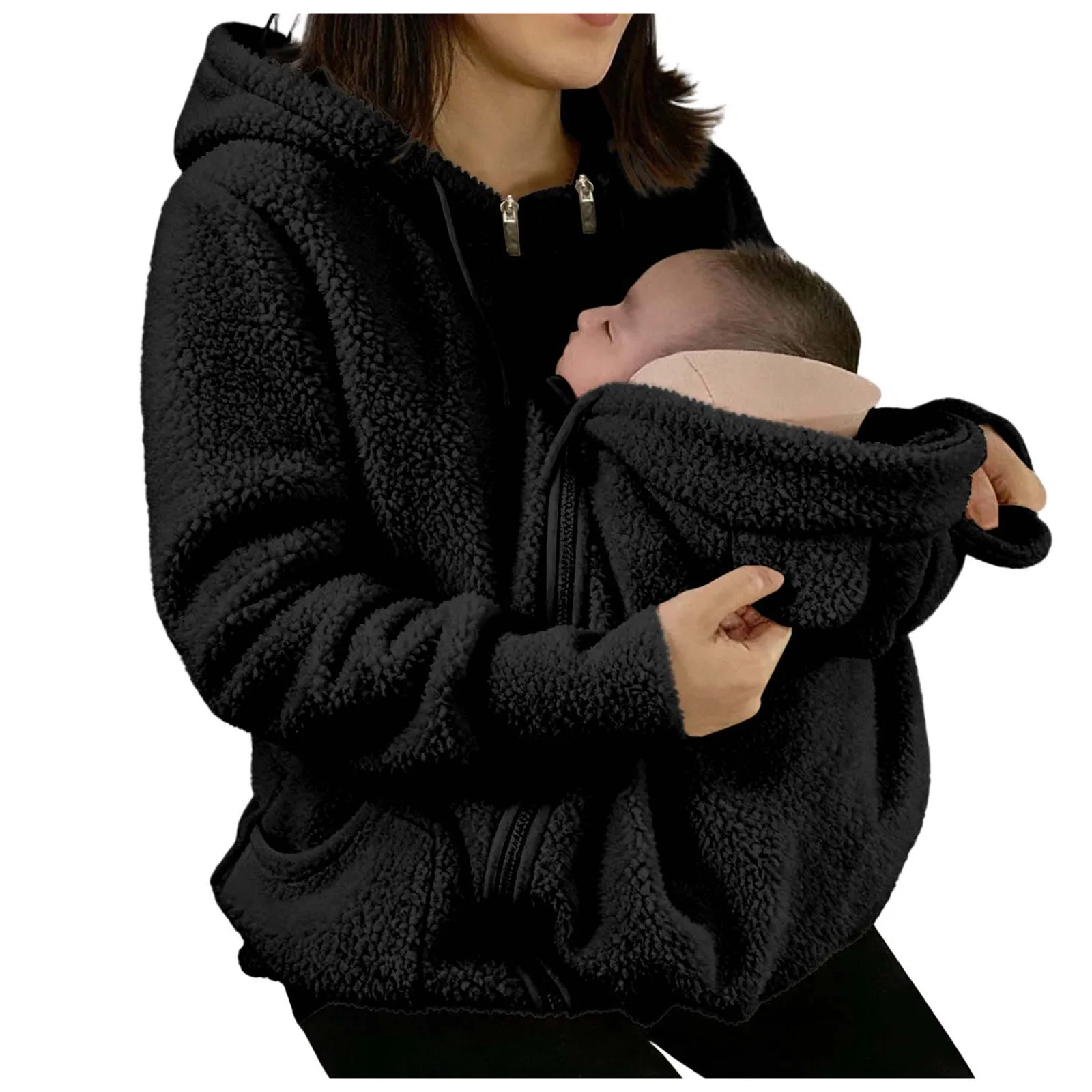 2 in 1 Warm Fleece Hoodie Coat with Baby Carrier Long Sleeve Faux Fur Plush Sweatshirt Outdoor Mom's Hoodie Jacket Baby Bag