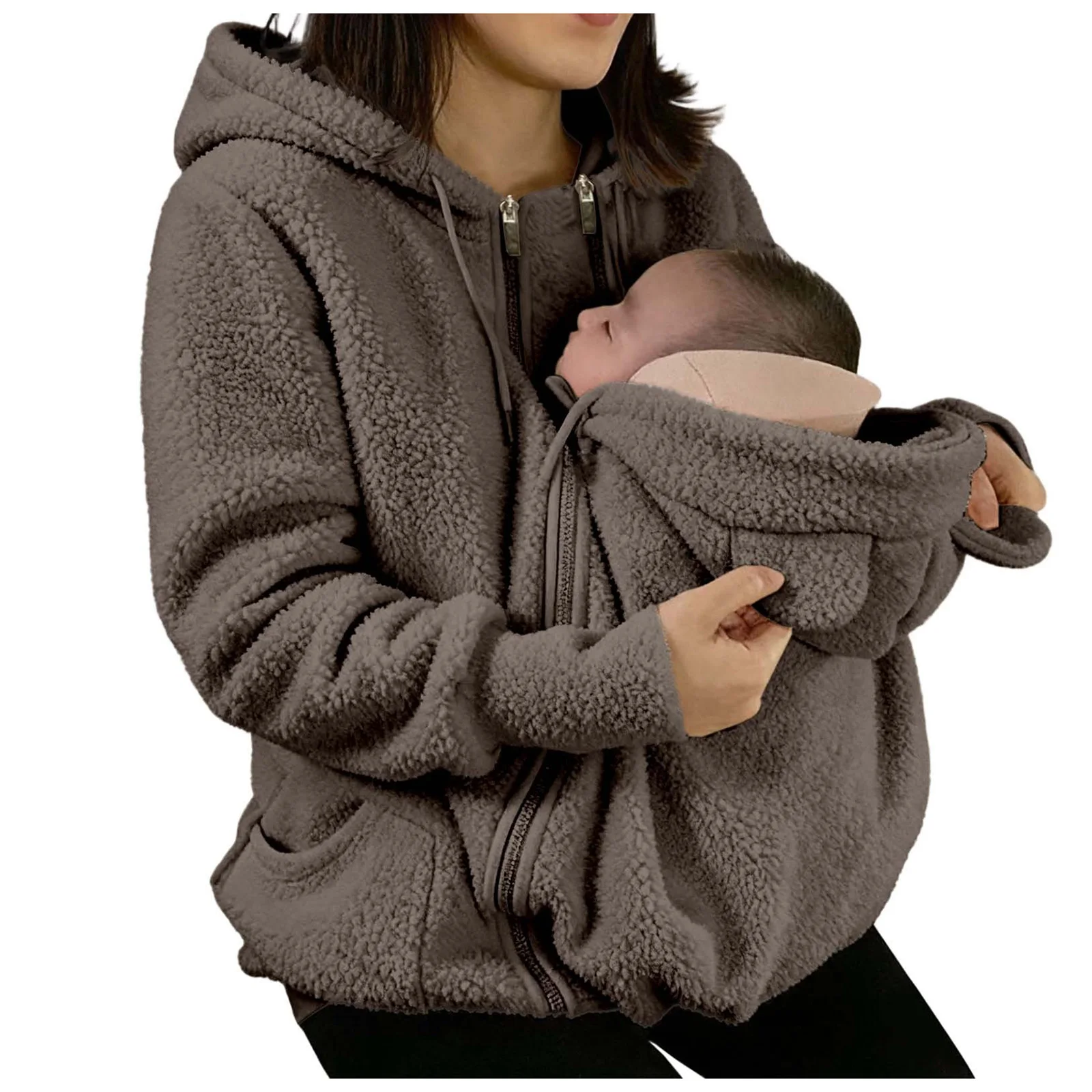 2 in 1 Warm Fleece Hoodie Coat with Baby Carrier Long Sleeve Faux Fur Plush Sweatshirt Outdoor Mom's Hoodie Jacket Baby Bag