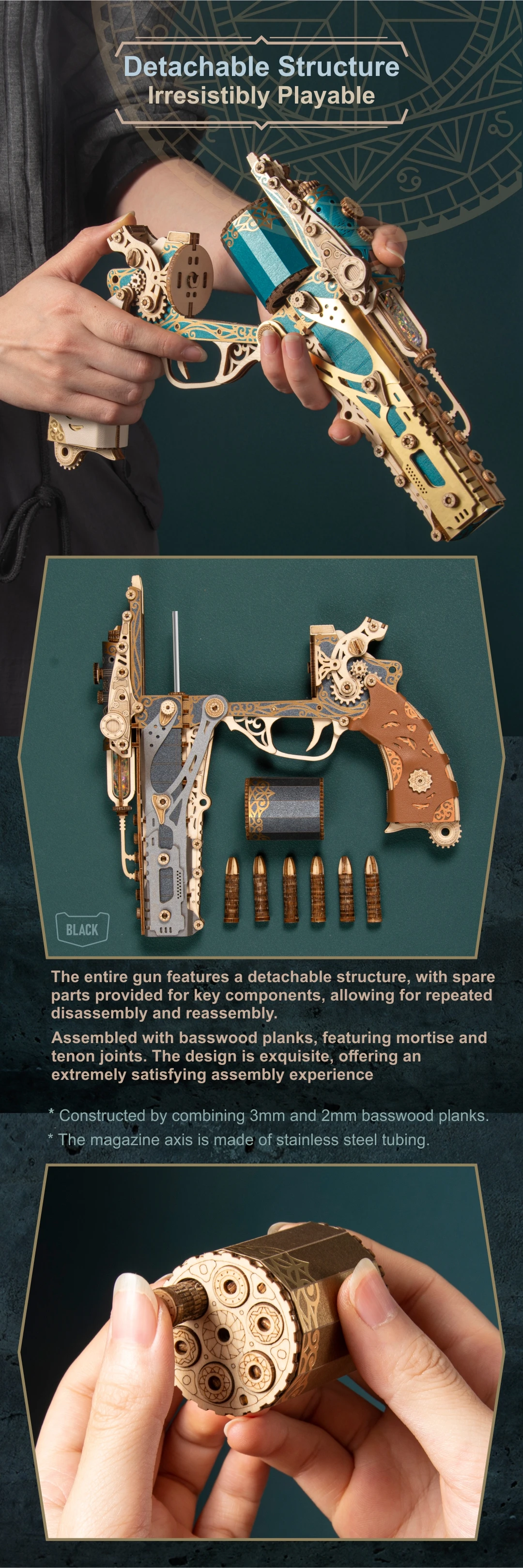 MMZ MODEL DIY 3D Wooden Puzzle Steam Revolver Assembly Model Kits Toys For Children Kids Girls Birthday Gift