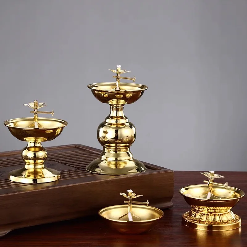 Golden Oil Lamp For Buddha With Glass Windproof Cover,Metal Buddhist Lantern Burner,Religious Candlestick Item