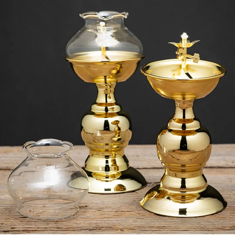 Golden Oil Lamp For Buddha With Glass Windproof Cover,Metal Buddhist Lantern Burner,Religious Candlestick Item