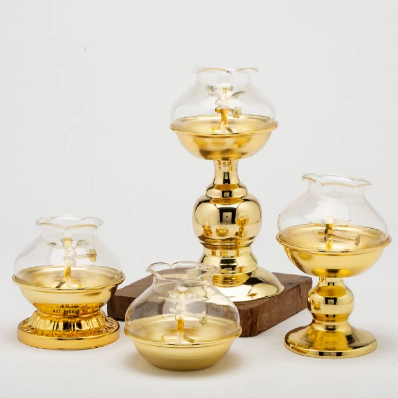 Golden Oil Lamp For Buddha With Glass Windproof Cover,Metal Buddhist Lantern Burner,Religious Candlestick Item