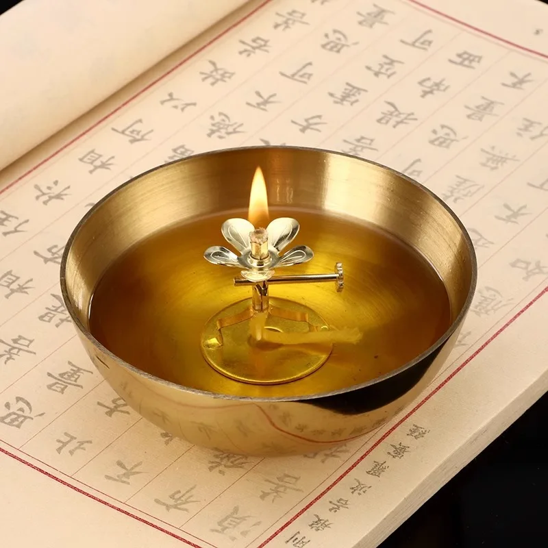 Golden Oil Lamp For Buddha With Glass Windproof Cover,Metal Buddhist Lantern Burner,Religious Candlestick Item