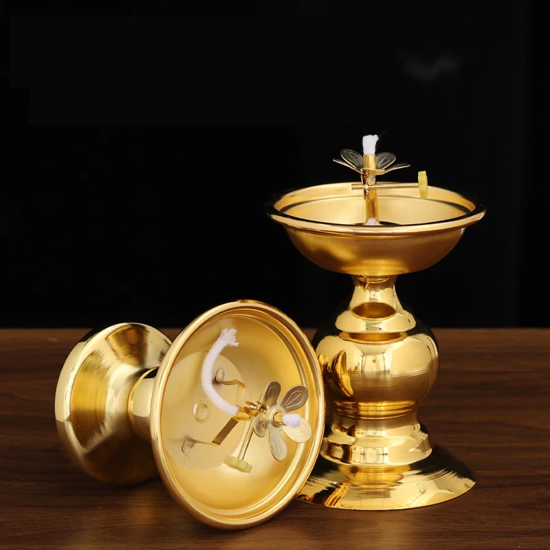 Golden Oil Lamp For Buddha With Glass Windproof Cover,Metal Buddhist Lantern Burner,Religious Candlestick Item