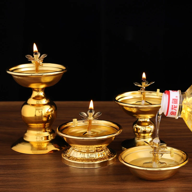 Golden Oil Lamp For Buddha With Glass Windproof Cover,Metal Buddhist Lantern Burner,Religious Candlestick Item