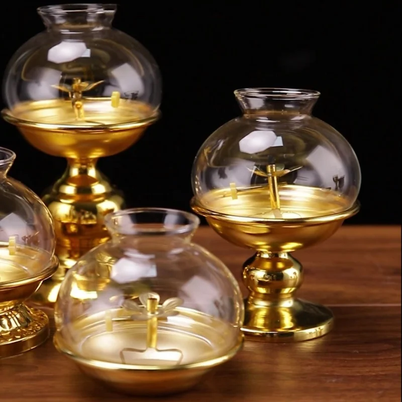 Golden Oil Lamp For Buddha With Glass Windproof Cover,Metal Buddhist Lantern Burner,Religious Candlestick Item