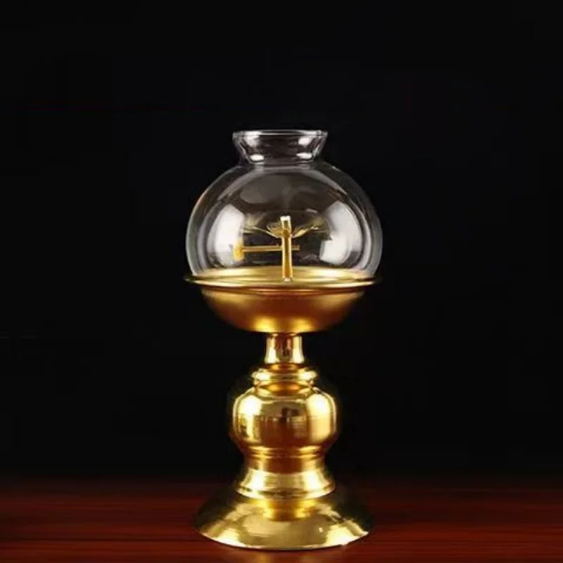 Golden Oil Lamp For Buddha With Glass Windproof Cover,Metal Buddhist Lantern Burner,Religious Candlestick Item