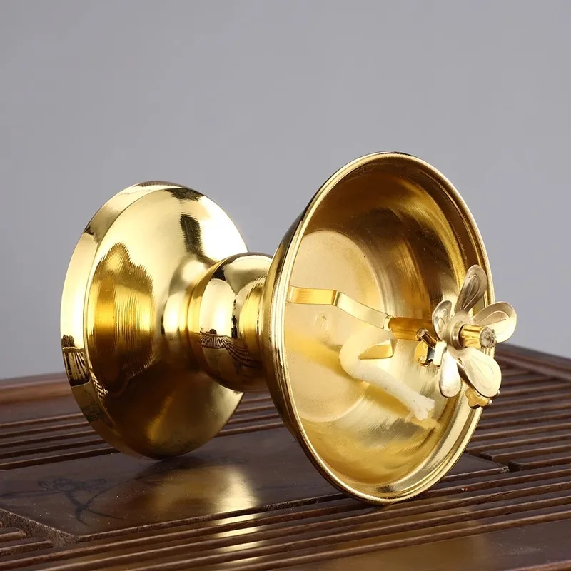Golden Oil Lamp For Buddha With Glass Windproof Cover,Metal Buddhist Lantern Burner,Religious Candlestick Item