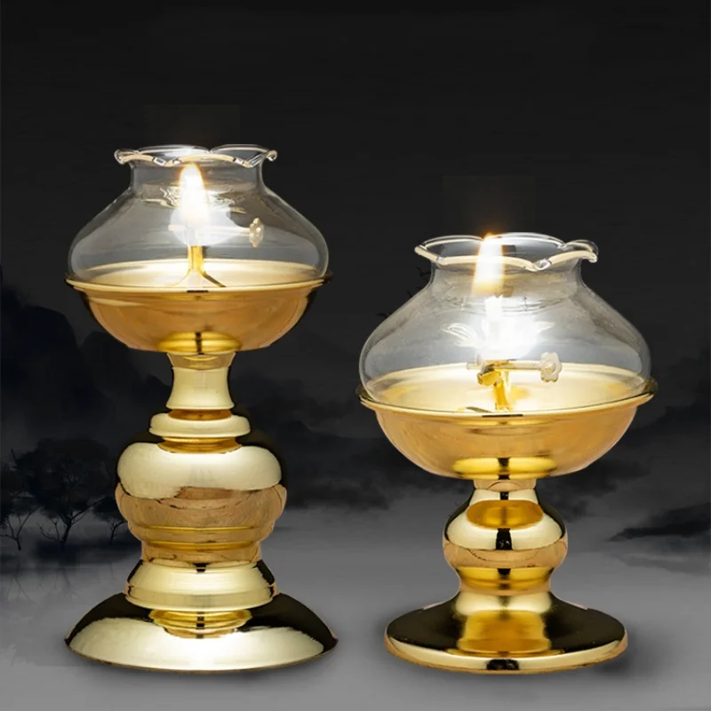 Golden Oil Lamp For Buddha With Glass Windproof Cover,Metal Buddhist Lantern Burner,Religious Candlestick Item