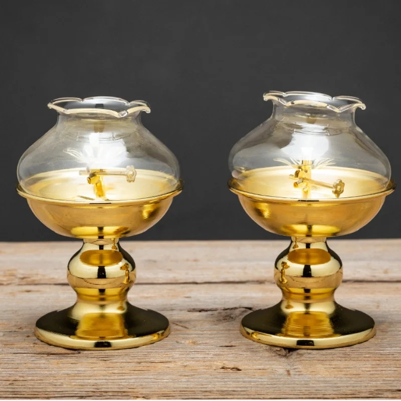 Golden Oil Lamp For Buddha With Glass Windproof Cover,Metal Buddhist Lantern Burner,Religious Candlestick Item