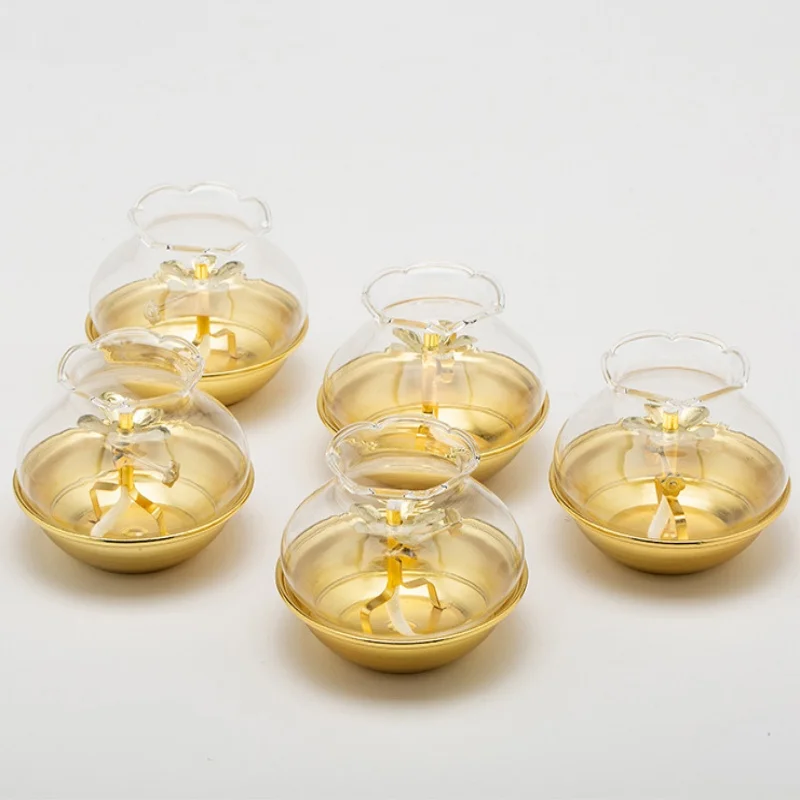 Golden Oil Lamp For Buddha With Glass Windproof Cover,Metal Buddhist Lantern Burner,Religious Candlestick Item