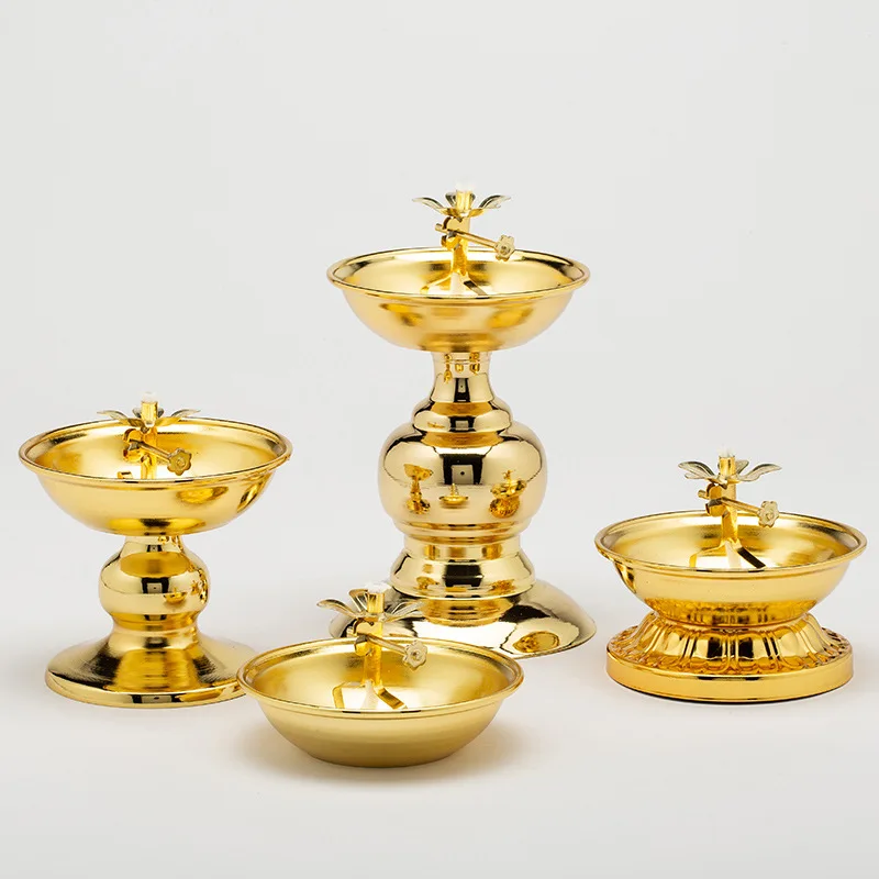 Golden Oil Lamp For Buddha With Glass Windproof Cover,Metal Buddhist Lantern Burner,Religious Candlestick Item
