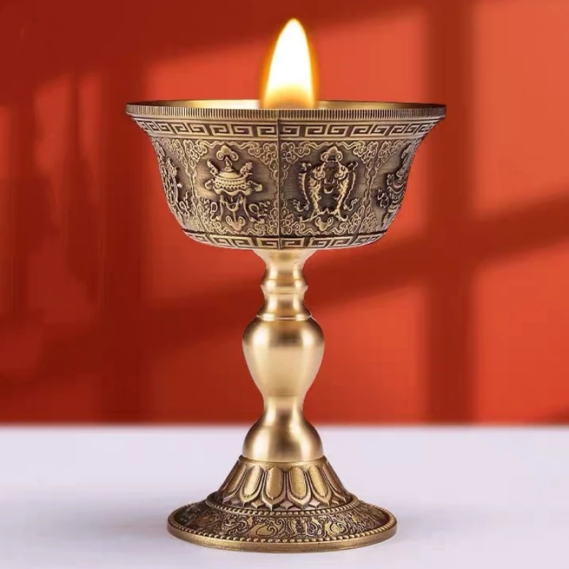 Tibetan Candlestick,Brass Candle Cup Engraved Eight Auspicious Bronze,Buddhist Handicraft Tantric Lamp Altars Desktop Decorative