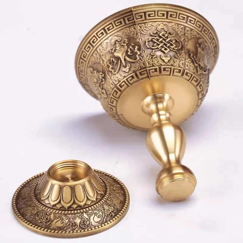 Tibetan Candlestick,Brass Candle Cup Engraved Eight Auspicious Bronze,Buddhist Handicraft Tantric Lamp Altars Desktop Decorative