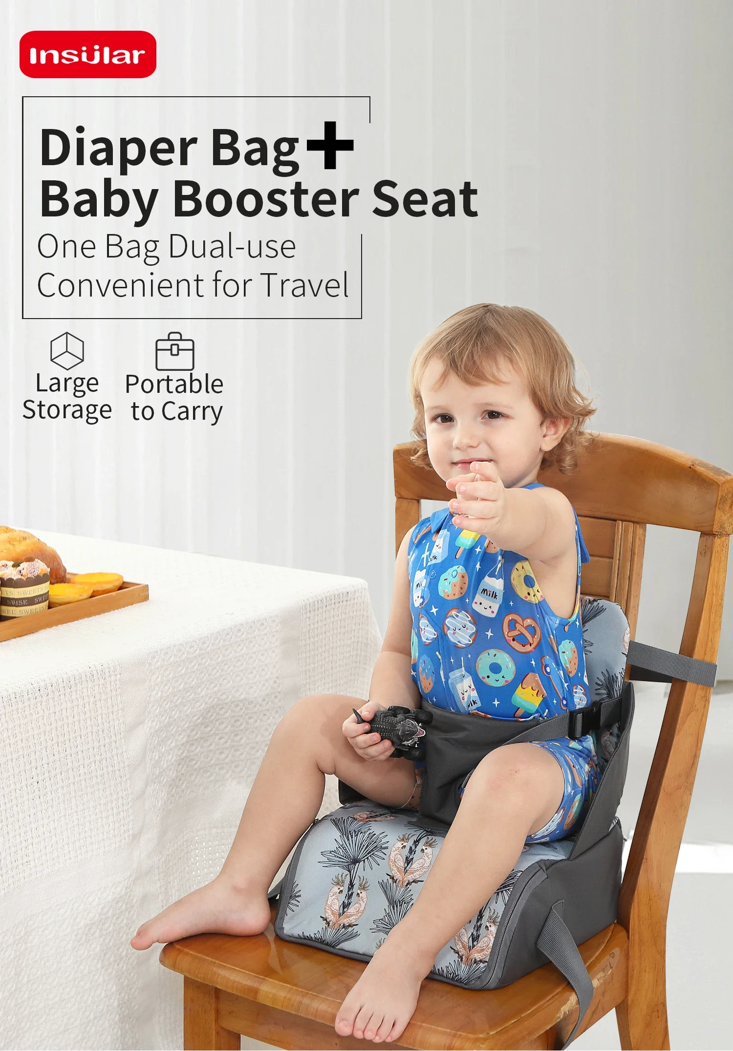 Baby Booster Seat Travel Booster Seat for Kitchen Chair PU Washable Straps Safety Buckle Portable Travel Toddler Booster Seat