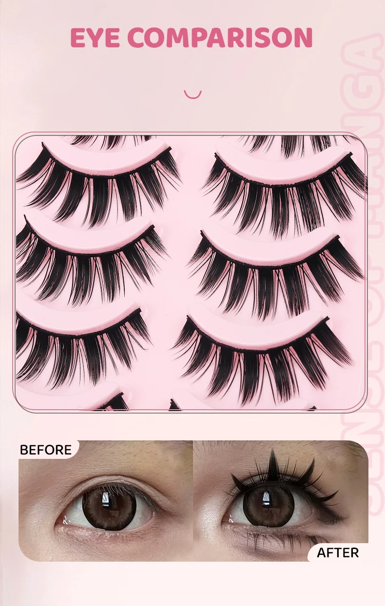 DINGSEN 5 Pairs Manga Lashes Eyes Lashes Soft Natural Long Eyelashes Fake Lashes Anime Wispy Strip False Eyelashes Makeup