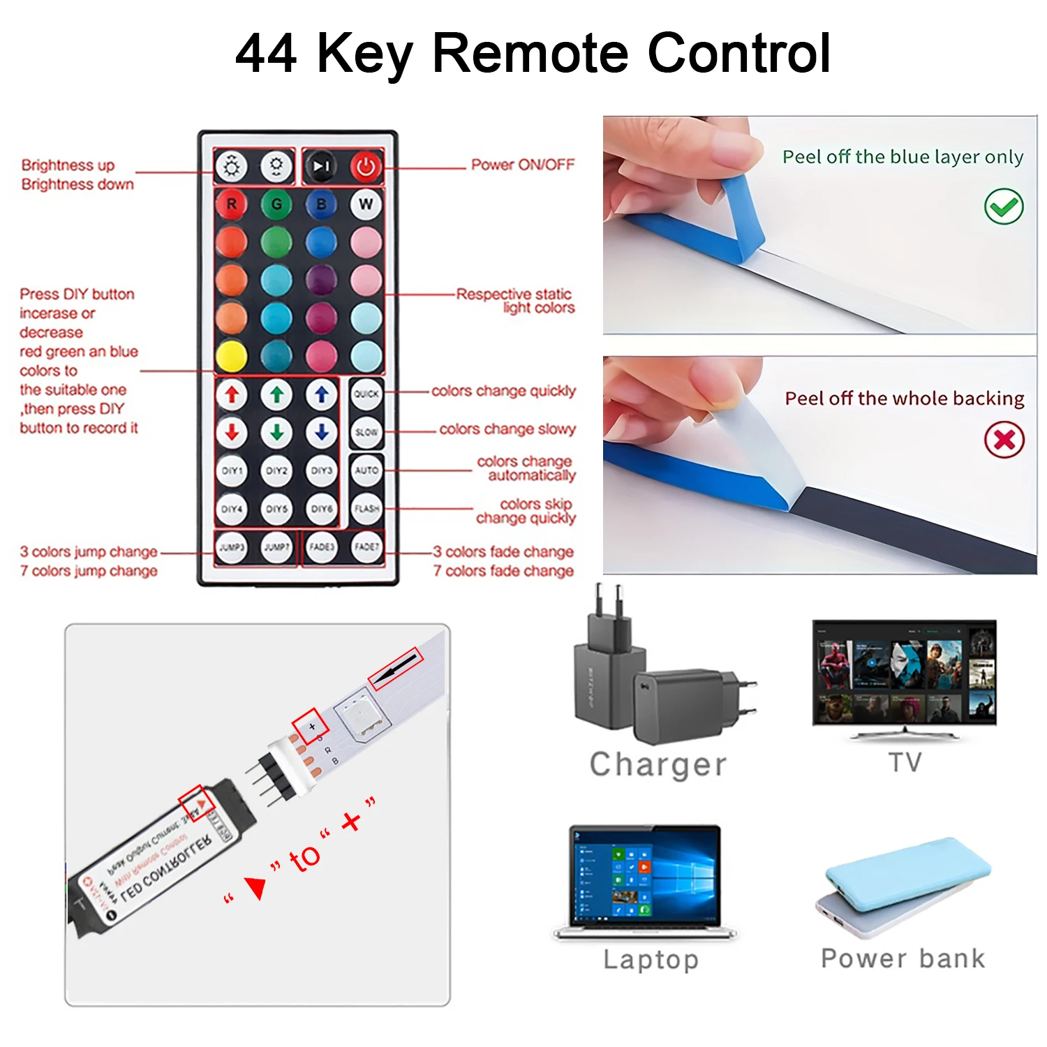 Led Strip Lights with 44 Key Remote Control 1m 5m 10m 20m RGB Tape Led Wall Room for Home Bedroom Party Decor TV Backlight