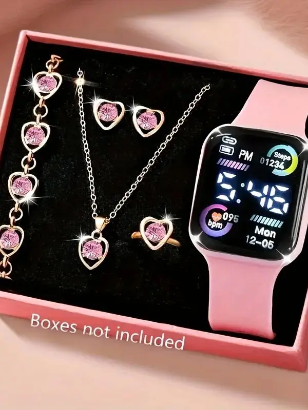 6-Piece Set of Fashion Electronic Watch Necklace Earrings Ring Set for Teenagers Boys and Girls, the Best Choice for Friend