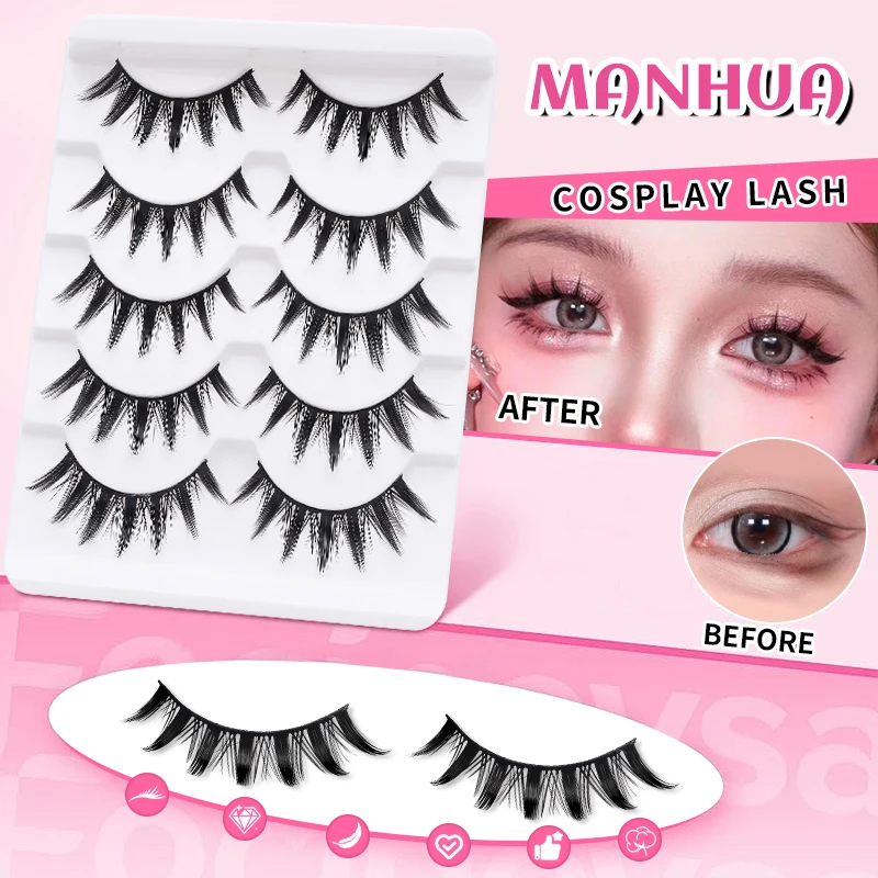 DINGSEN 5 Pairs Manga Lashes Cosplay Fake Eyelashes Strip Lash Soft Natural Look Fox Eye Korean Manhua Makeup False Eyelashes
