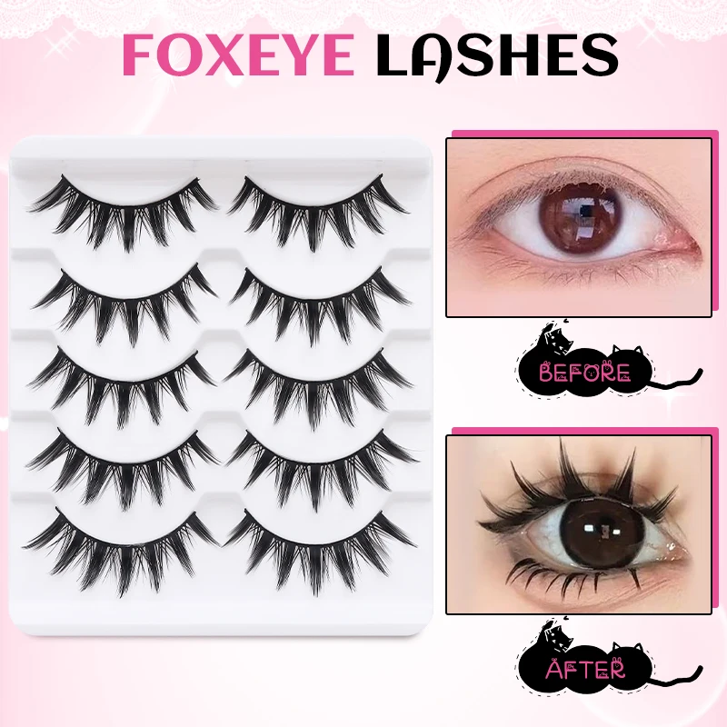 DINGSEN 5 Pairs Manga Lashes Cosplay Fake Eyelashes Strip Lash Soft Natural Look Fox Eye Korean Manhua Makeup False Eyelashes