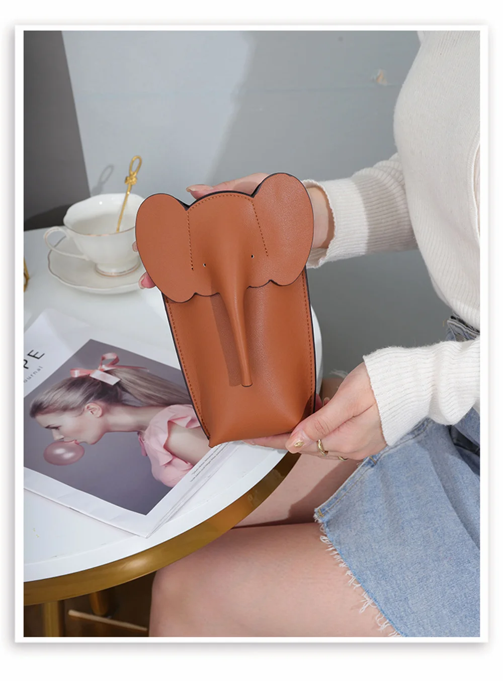 Genuine Leather Shoulder Bag Fashion Elephant Purse  Animal Shaped Purse Elephant Phone Bags