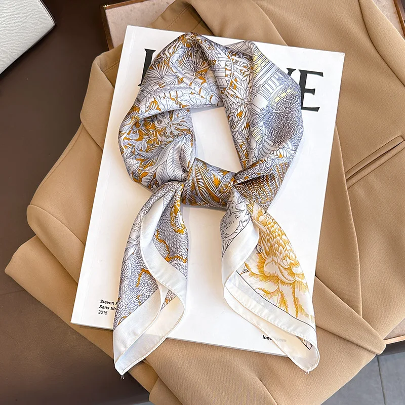 Bohemian Style Floral Print Women’s Square Silk Scarf Satin Head Wrap Tropical Leaf Flower Design Scarves Bandana Hijab