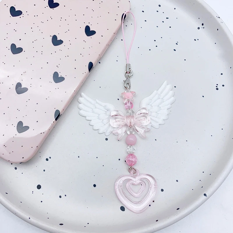Lovely Wings Bow Heart Mobile Strap Phone Pendant Chain For Girls Women Fashion Sweet Keychain Bags Decorative Accessories Gifts