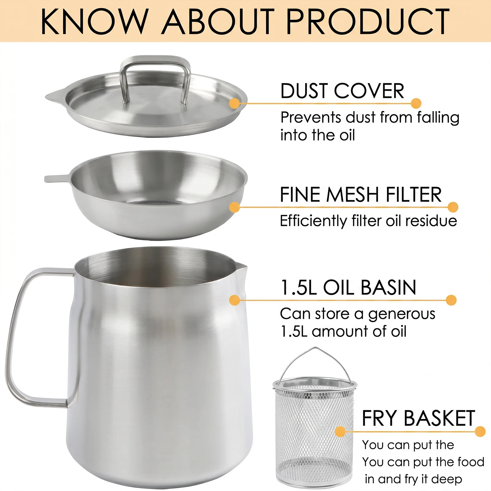 1.5L Stainless Steel Oil Filter Pot with Fine Mesh Strainer Bacon Grease Container with Airtight Lid for Frying Oil Storage